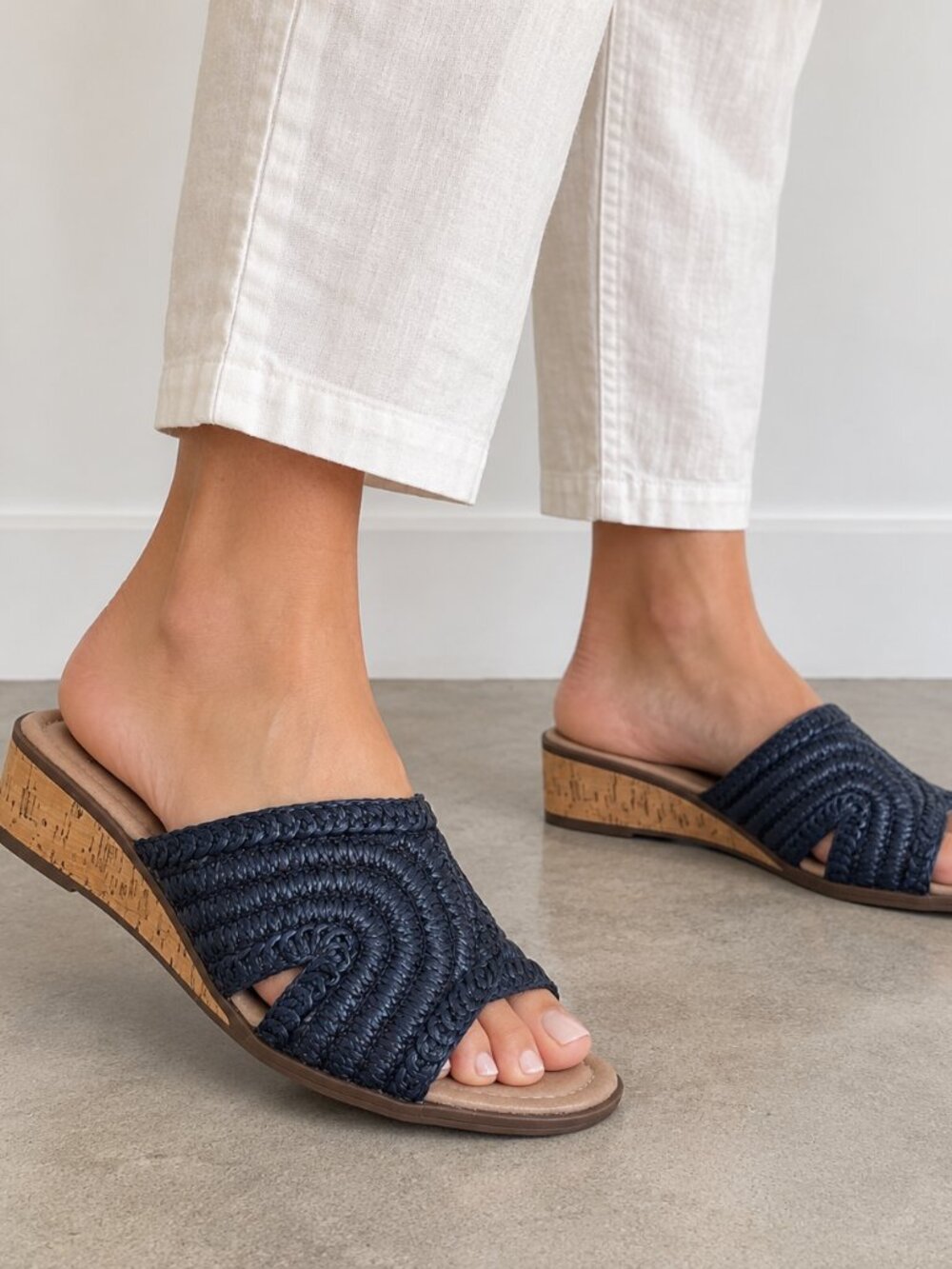 Kim Rogers Navy Woven Raffia Wedge Slide Sandals Size 7 NIB